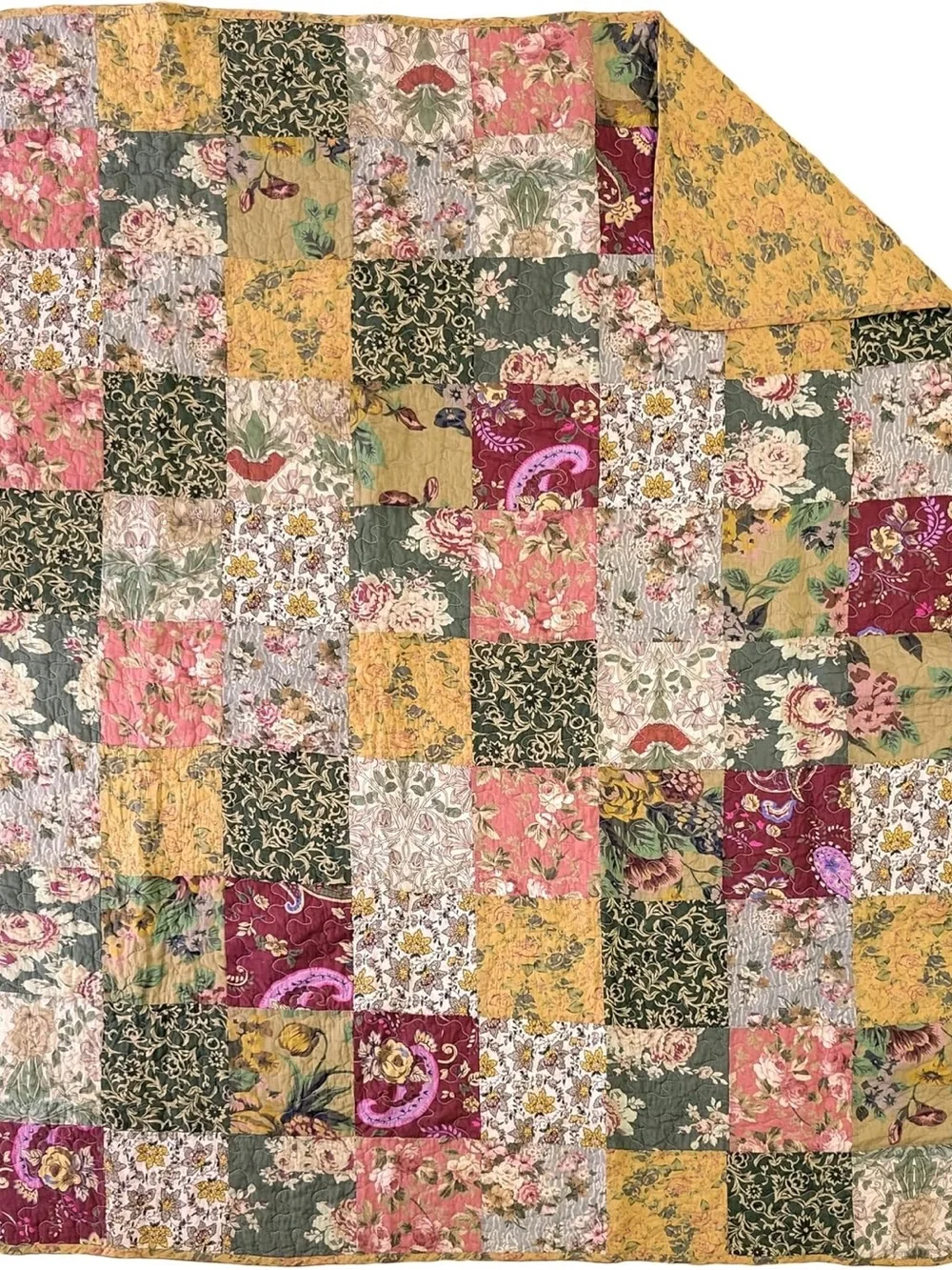 Patchwork Floral Quilt Throw in Green and Burgundy - Unbranded